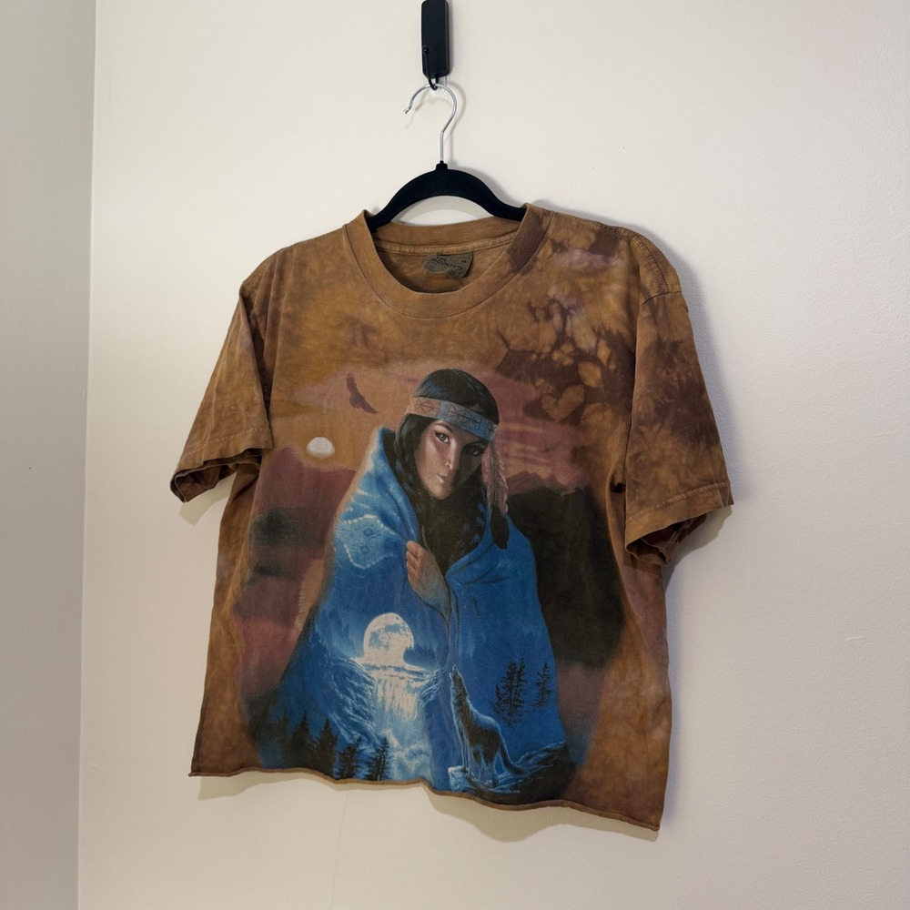 The Mountain Brown Tie Dye Native American Wolf Crop T-Shirt Womens Medium USA
